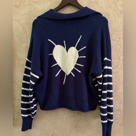 Kerri Rosenthal XOKR Women's Navy and White Striped Hoodie with Heart - Picture 3 of 7